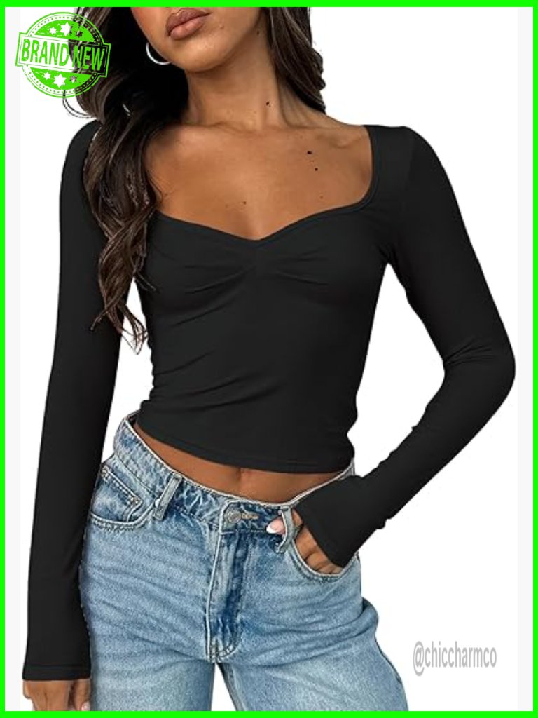 Long Sleeve Going Out Crop Top Sweetheart Neck Ruched Y2k Pleated Tee